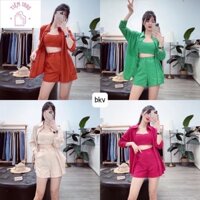SET ĐŨI 3 CHI TIẾT ÁO SƠ MI - ÁO CÚP NGỰC - QUẦN SHORT CHO BẠN NỮ
