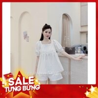 Set Đũi Áo Babydoll Cổ Vuông Tay Bồng Quần Đùi