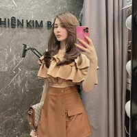 Set đùi giả váy và áo trễ vai hai bèo dễ thương - nâu