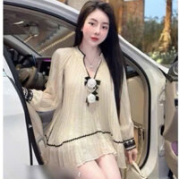 Sét Đùi Nữ Áo Kiểu Dập LI Tay Dài Phông viền Gắn bông Kèm quần Đùi Sang Xịn