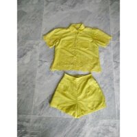 Sét đùi RIBI HOUSE (SĐB3215) thiết kế nữ 2 lớp áo cổ sơ mi lá sen tay ngắn, quần short dây kéo sườn, lưng thun, túi và p