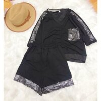 set đùi viền kim tuyến , áo cổ tim rút dây thời trang