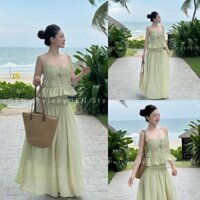 Set Đũi Xước Nhún Bèo, Áo 2 Dây Mix Chân Váy Dáng Dài Đi Biển Cực Xinh