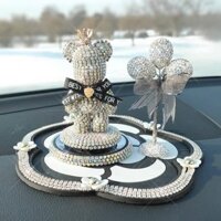 Set Gấu Sáp Thơm Đính Đá Thảm Hoa Trà Đính Đá Decor Trang Trí Xe Hơi Cao Cấp