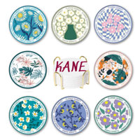 Set giá và 8 Đế lót ly thấm nước bằng gốm và lớp gỗ bần chống trượt họa tiết hoa xinh chống bẩn