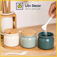 Set Gia Vị Sứ, Lọ Đựng Gia Vị, Hũ Gia Vị Kèm Đế Gỗ LIIN DECOR.