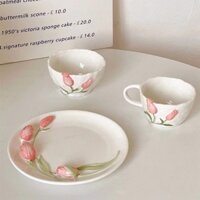 Set gốm sứ tráng men đĩa, bát và cốc trà hoa tulip nổi 3D vintage 🌷