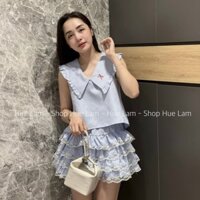 Set hai món áo sát nách cổ thủy thủ chân váy xòe nhiều tầng ngắn, bộ hai chi tiết áo cổ bèo phối nơ váy xếp li cạp chun