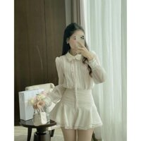 Set hai món nữ: Áo sơ mi phối bèo kèm chân váy xòe chất voan tơ cao cấp màu nude sang trọng phù hợp đi dạo cafe, D0904