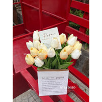Set hoa tulip giả 20 bông kèm túi và thiệp, hoa tone vàng trắng