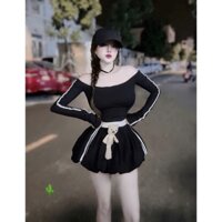 Set hot gồm áo trễ vai tay dài phối quần bí kate kèm gấu siêu xinh