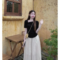 Set hot trend 2024 áo thun cổ chéo kèm chân váy 2 lớp