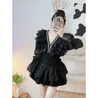 Set hottrend đi tiệc gồm áo voan tay dài cổ xẻ đính kim tuyến kèm chân váy ngắn có ảnh thật
