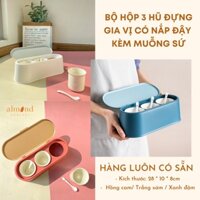 Set Hũ Đựng Gia Vị 3 ngăn Bằng Sứ Vỏ Nhựa Màu Pastel - Lọ Đựng Gia Vị Màu Trắng Kèm Muỗng - almondconcept