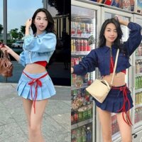 Set Jean 3 Món: Áo Sơ Mi Croptop Túi Ngực + Áo 2 Dây Đỏ + Chân Váy Xòe Xếp Ly Kèm Dây Eo Siêu Xinh (Ảnh Thật Trải Sàn)
