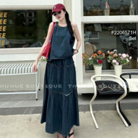 Set jean áo cổ yếm+ chân váy jean dáng xòe dài