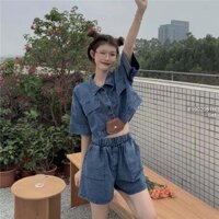 Set jean áo sơ mi nút croptop tay ngắn phối quần short