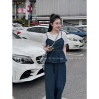 Set jean dài áo thun trắng bên trong tay ngắn kèm áo yếm jean 2 dây