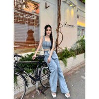 SET JEAN GIẤY  ÁO 2 DÂY  KHÓA LƯNG KÈM QUẦN BAGGY