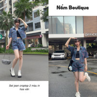 Set Jean Ngắn Hoa Văn In Chìm Gồm Áo Croptop Và Quần Short Có 2 Màu, Dễ Thương Chất Jean Co Giãn