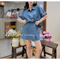 Set jean nữ, áo sơ mi tay ngắn đuôi tôm cúc bấm mix chân váy vạt chéo Thời Trang B.Y Tea Clothing