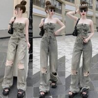 Set jeans Quảng Châu cao cấp dày dặn áo cúp ngực gài nút quần dài ống rộng rách gối thời trang cá tính