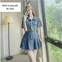 Set jeans váy xòe áo cổ sơ mi Set váy xếp li áo croptop jeans đồ  jeans năng động - Thời trang nữ RyMin