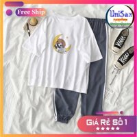 Set Jogger Line Phối Thun Unisex Gấu Mặt Trăng S39 - Set Áo Thun Tay Lỡ In Nhiệt Unisex Form Rộng Và Quần Thể Thao 75kg