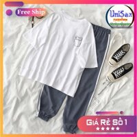 Set Jogger Line Phối Thun Unisex Chuột Trong Túi S9 - Set Áo Thun Tay Lỡ In Nhiệt Unisex Form Rộng Và Quần Thể Thao 75kg