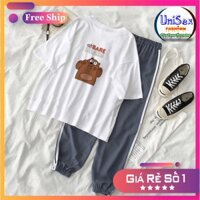 Set Jogger Line Phối Thun Unisex We Bare Bears S35 - Set Áo Thun Tay Lỡ In Nhiệt Unisex Form Rộng Và Quần Thể Thao 75kg