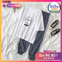 Set Jogger Line Phối Thun Unisex BOO S26 - Set Áo Thun Tay Lỡ In Nhiệt Unisex Form Rộng Và Quần Thể Thao 75kg