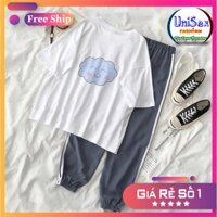 Set Jogger Line Phối Thun Unisex Đám Mây S27 - Set Áo Thun Tay Lỡ In Nhiệt Unisex Form Rộng Và Quần Thể Thao 75kg