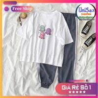 Set Jogger Line Phối Thun Unisex Bạch Tuộc S12 - Set Áo Thun Tay Lỡ In Nhiệt Unisex Form Rộng Và Quần Thể Thao 75kg