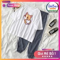 Set Jogger Line Phối Thun Unisex Chó Sexy S49 - Set Áo Thun Tay Lỡ In Nhiệt Unisex Form Rộng Và Quần Thể Thao 75kg