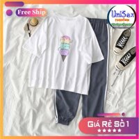 Set Jogger Line Phối Thun Unisex Kem Mèo 3 Màu S42 - Set Áo Thun Tay Lỡ In Nhiệt Unisex Form Rộng Và Quần Thể Thao 75kg