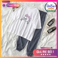 Set Jogger Line Phối Thun Unisex Kỳ Lân Cầu Vòng S30 - Set Áo Thun Tay Lỡ In Nhiệt Unisex Form Rộng Và Quần Thể Thao 75k