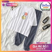 Set Jogger Line Phối Thun Unisex Pikachu S22 - Set Áo Thun Tay Lỡ In Nhiệt Unisex Form Rộng Và Quần Thể Thao 75kg