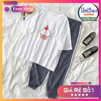 Set Jogger Line Phối Thun Unisex Kem S15 - Set Áo Thun Tay Lỡ In Nhiệt Unisex Form Rộng Và Quần Thể Thao 75kg