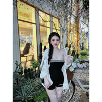 Set jum cúp ngực viền ngang kèm áo khoác sơ mi