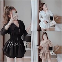set jum đồ nữ áo cổ vest chun eo, bộ đồ nữ công sở dài tay cá tính