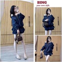 Set jum kẻ, Áo trễ vai kẻ xanh tay bồng form rộng kèm quần bảo hộ có chun chỉnh - BING