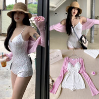 SET Jump 2s ôm body hoa nhí kèm Áo khoác crop gân hồng NÀNG CLOSET