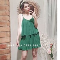 Set jumpsuit nữ ngắn xếp ly giả váy màu xanh lá tôn dáng mặc tôn da Nhà Dứa - Jum nữ giấu quần giả váy đẹp