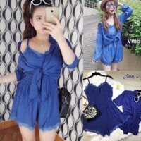 Sét jumpsuit short 2 dây phối ren kèm áo sơ mi tay dài