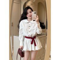 set jumsuit áo sơ mi cổ sen chân váy xòe bồng dáng ngắn buộc belt đỏ cúc đỏ thiết kế LINH HOÀNG TỰ MAY LYN