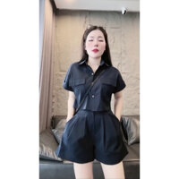 Set Kaki Đùi Áo Cổ Sơ Mi Áo Tay Ngắn Túi Trước Ngực