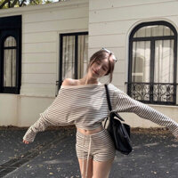 Set kẻ sọc trễ vai phong cách Hàn áo dài tay quần short gợi cảm năng động hợp du lịch đi biển dạo phố sang chảnh hàng Qc