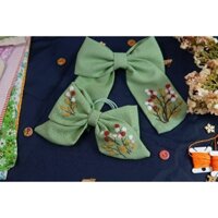 Set kẹp và dây nơ vải linen màu xanh bơ Handmade