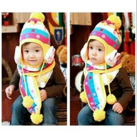 Set khăn mũ len tai thỏ cho bé