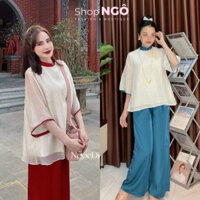 Set lam nữ thời trang, set pháp phục, set áo form babydoll viền cổ, tay chất voan tơ phối quần dài suông cực dễ thương